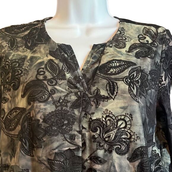Chances R Black Tan Floral Burnout Sheer Roll Tab Sleeve Blouse Top Small Boho - Picture 3 of 8